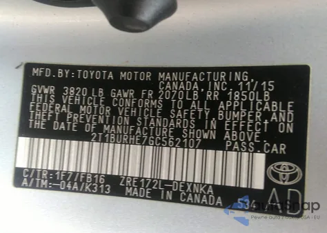 2016 Toyota Corolla Le Plus from USA, damaged, VIN 2T1BURHE7GC562107